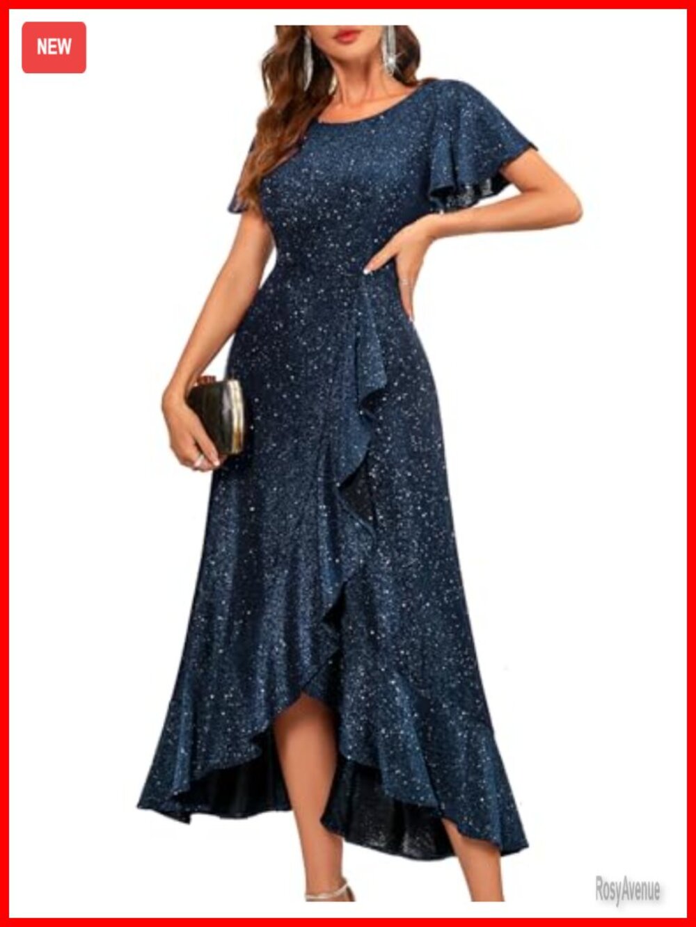 Womens Sequin Formal Dress High-Low Flutter Sleeve Wedding Guest Maxi